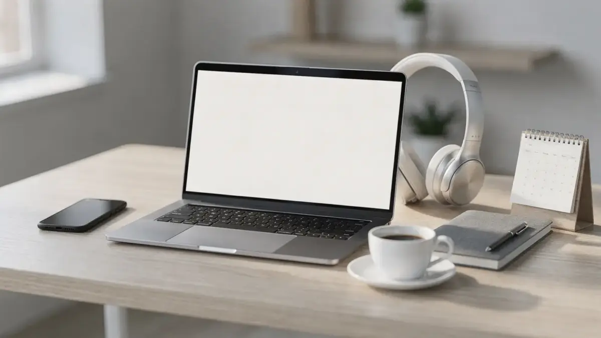 Laptop, Smartphone und Notizbuch als Tools für ein Online-Business auf modernem Schreibtisch
