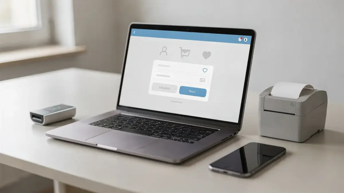Online-Business mit Laptop, Kartenlesegerät und Smartphone für Zahlungsanbieter
