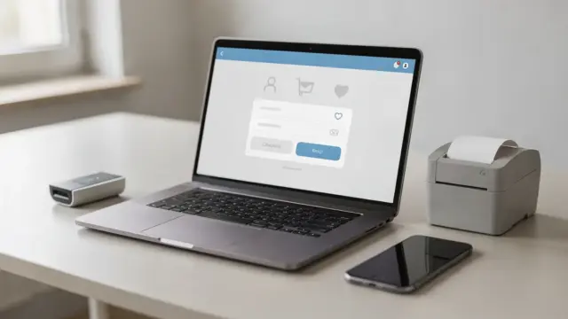 Online-Business mit Laptop, Kartenlesegerät und Smartphone für Zahlungsanbieter