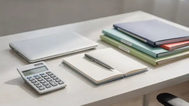 Ordentliche Schreibtischszene zur Rechtsform bei der Gründung mit Laptop, Ordnern und Rechner