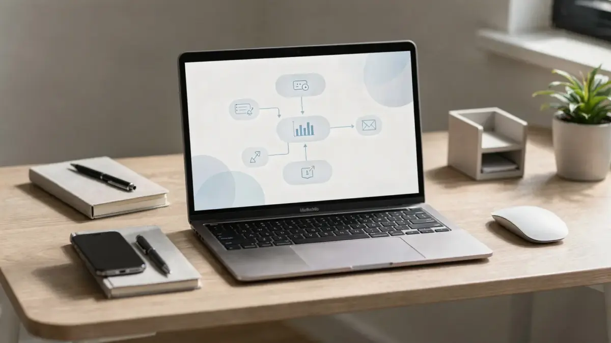 Arbeitsplatz mit Laptop und Tools zur Automatisierung eines Online-Business