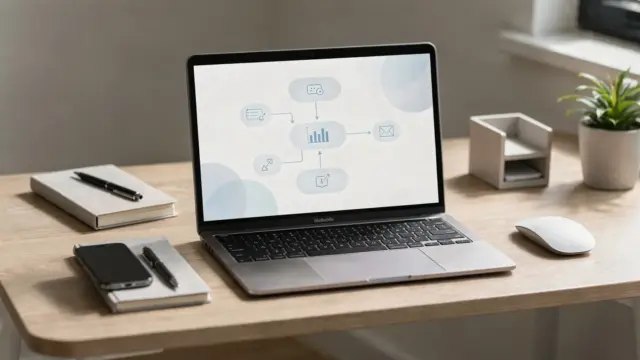 Arbeitsplatz mit Laptop und Tools zur Automatisierung eines Online-Business