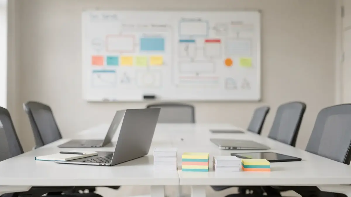 Online-Business-Team mit Whiteboard, Laptop und Projektboard zu Rollen und Prozessen