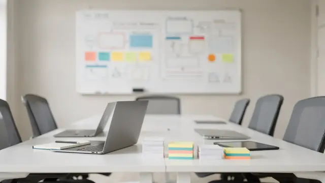 Online-Business-Team mit Whiteboard, Laptop und Projektboard zu Rollen und Prozessen