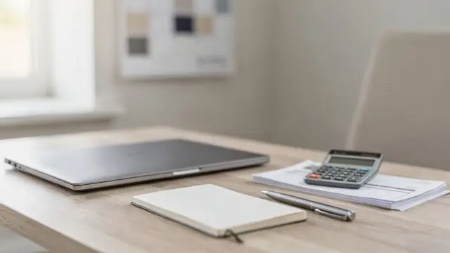 Home-Office mit Rechner, Notizbuch und Laptop zur Berechnung des Stundensatzes selbstständig