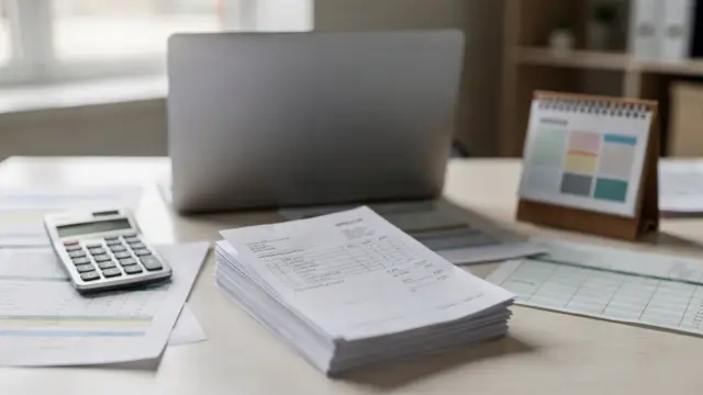 Bürotisch mit Rechnung, Taschenrechner und Unterlagen zum Zahlungsausfall bei Selbstständigen