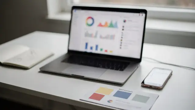 Schreibtisch mit Laptop und Marketing-Tools zum Thema Marketing selbstständig