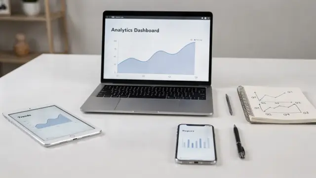 Laptop, Tablet und Notizbuch mit Diagrammen für Analytics-Tools im Online-Business