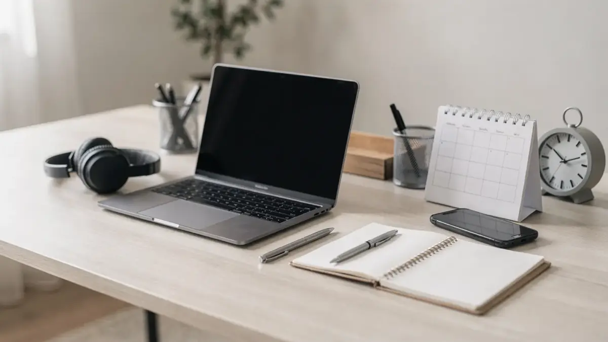 Ordentlicher Homeoffice-Schreibtisch mit Laptop, Kalender und Notizbuch zu Organisation und Produktivität für Selbstständige