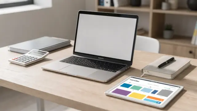 Bürodesk mit Laptop und Vertragsunterlagen zum Thema Mitarbeiter selbstständig und Freelancer