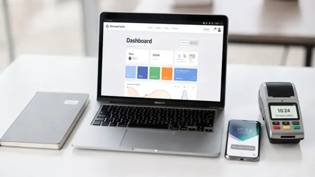 Abo-Geschäft im Online-Business: Laptop mit Mitgliedschafts-Dashboard auf modernem Schreibtisch