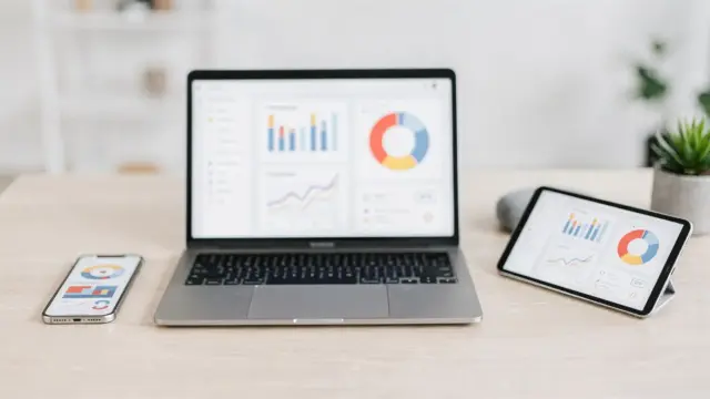 Digitales Marketing mit Laptop, Tablet und Smartphone für Online-Werbung bezahlter Reichweite