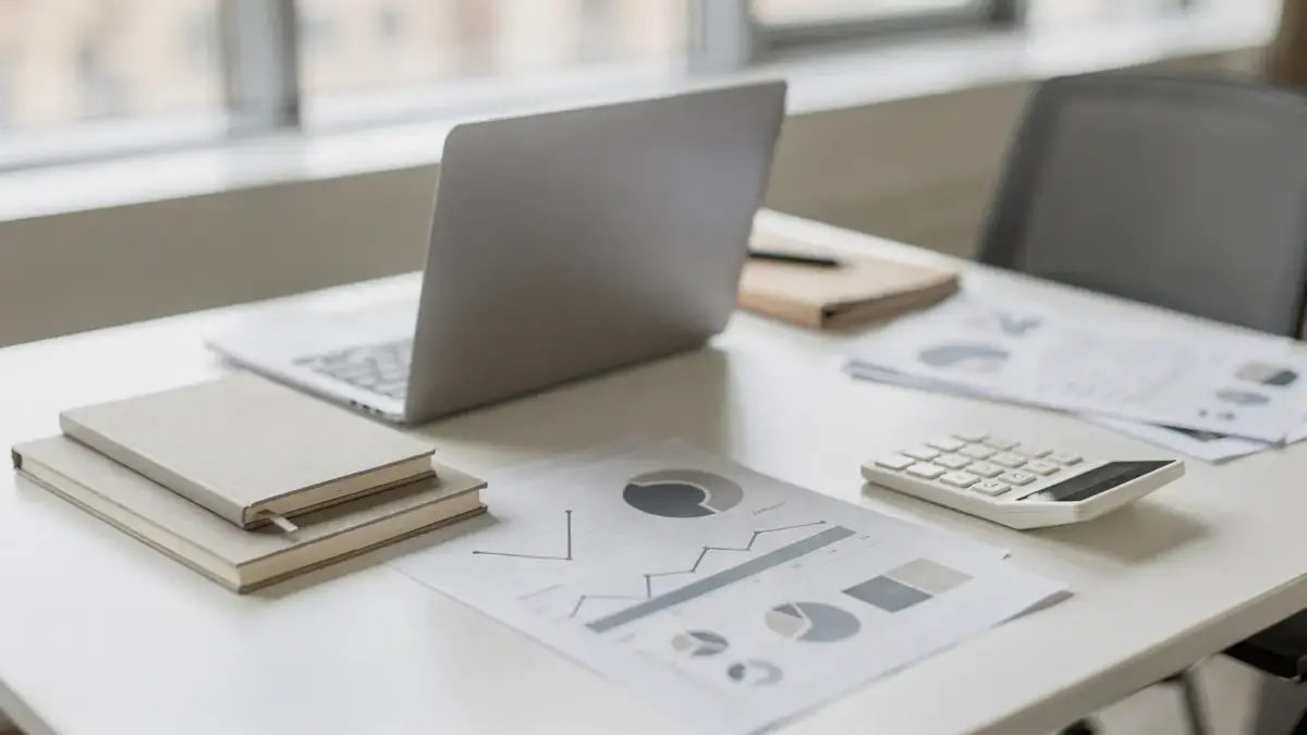Gründerberatung vor der Gründung mit Laptop, Unterlagen und Businessplan in heller Büroatmosphäre