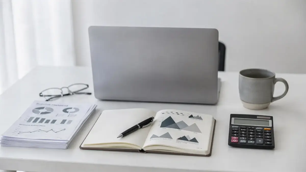 Gründerberatung vor der Gründung mit Laptop, Unterlagen und Businessplan in heller Büroatmosphäre