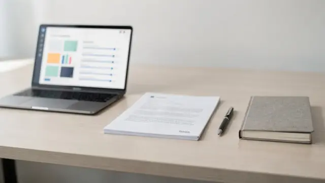 Büro mit Unterlagen zum Datenschutzbeauftragten und Laptop in heller Arbeitsumgebung