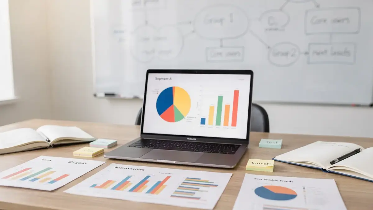 Gründer analysieren die Zielgruppe mit Charts, Notizen und Whiteboard zur Zielgruppendefinition