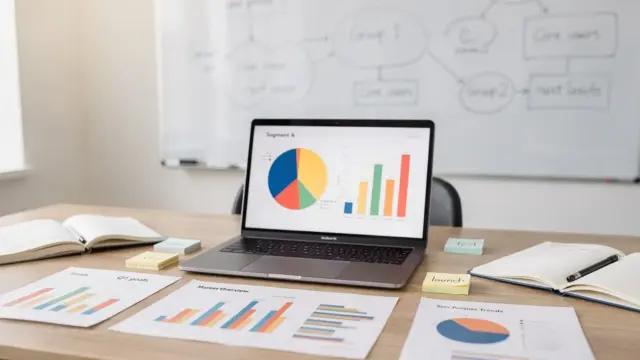 Gründer analysieren die Zielgruppe mit Charts, Notizen und Whiteboard zur Zielgruppendefinition