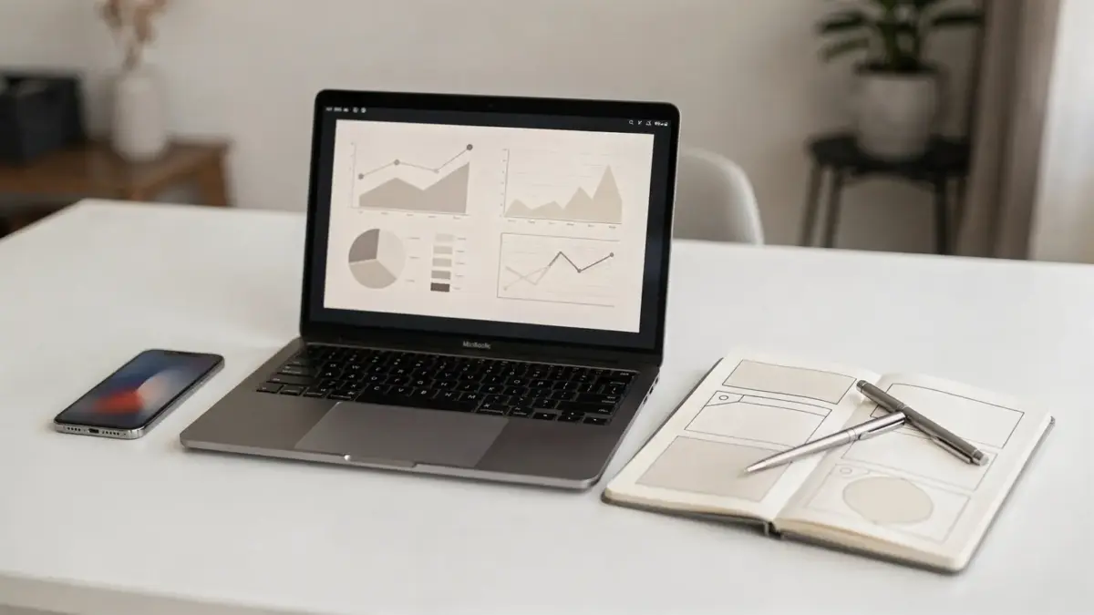 Laptop mit Analysegrafik und Notizen zur Zielgruppe für ein Online-Business auf hellem Schreibtisch