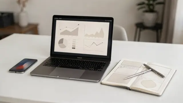 Laptop mit Analysegrafik und Notizen zur Zielgruppe für ein Online-Business auf hellem Schreibtisch