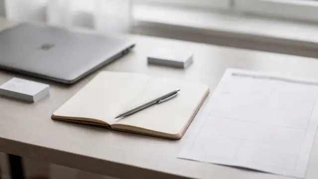 Selbstständige formulieren ihr USP am Schreibtisch mit Notizbuch, Laptop und Planung