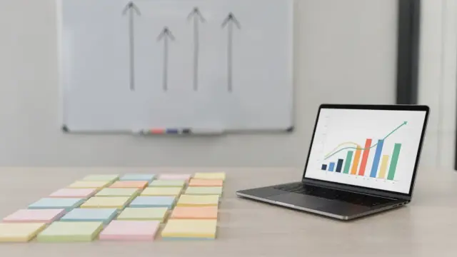 Strategie-Workspace zur Positionierung im Markt mit Whiteboard, Notizen und Laptop