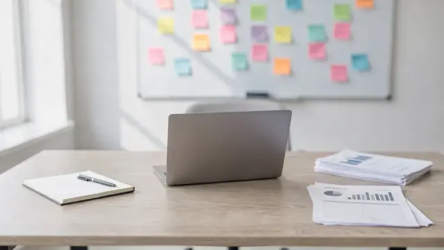 Startup-Workspace mit Whiteboard, Laptop und Notizen zu Kundensegmenten