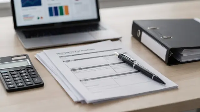 UG oder GmbH: Büro-Setup mit Gründungsunterlagen, Taschenrechner und Ordnern zur Haftung und Kapitalausstattung
