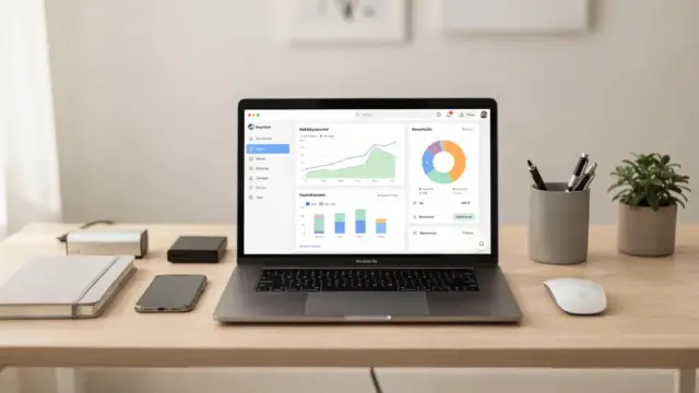 Home-Office mit Laptop und Arbeitsmaterialien zum Thema digitale Produkte verkaufen