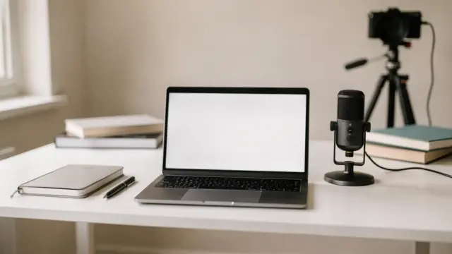 Home-Office mit Laptop, Mikrofon und Kamera für einen Online-Kurs erstellen