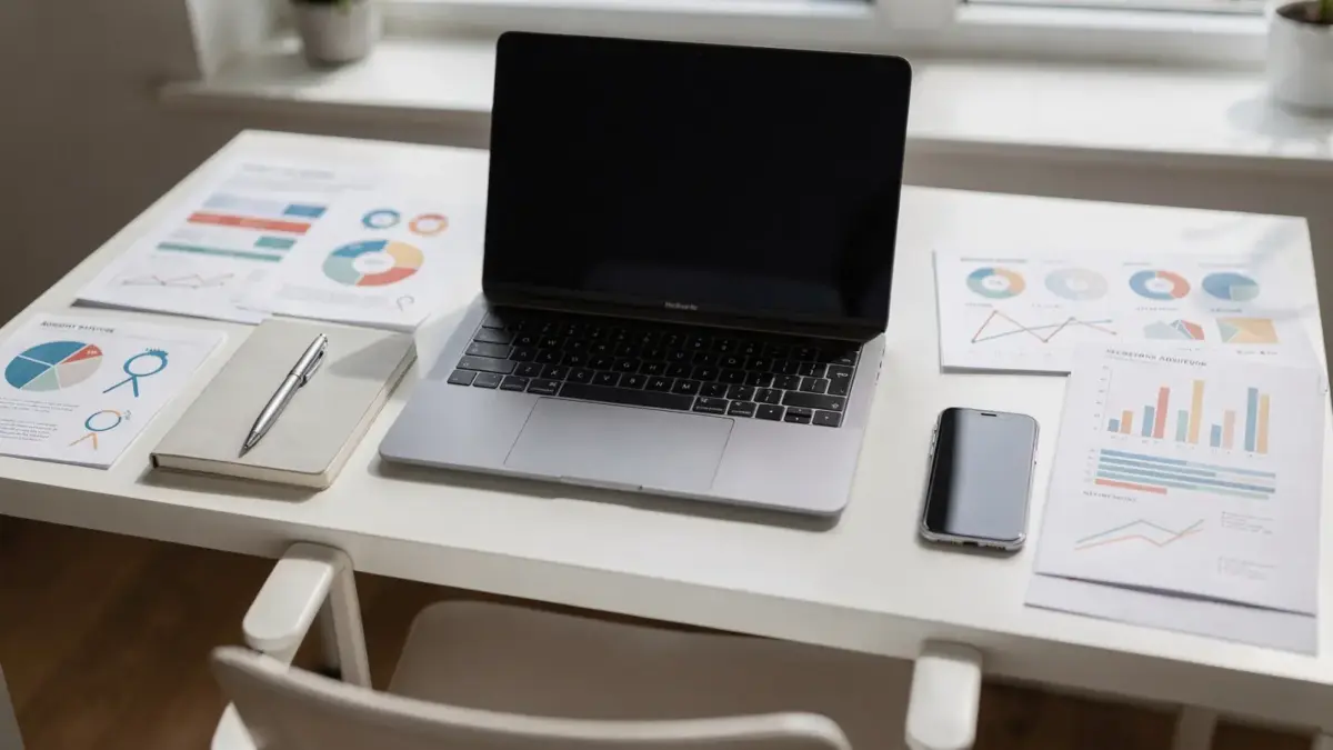 Kleiner Arbeitsplatz für den Start ohne großes Budget: Laptop, Notizbuch und Smartphone zur Kundengewinnung.