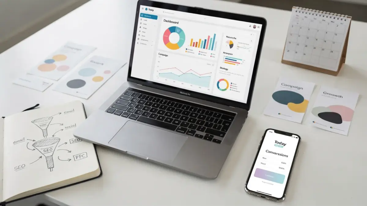 Gründer-Setup mit Laptop und Notizen zu Lead Generation Kanälen