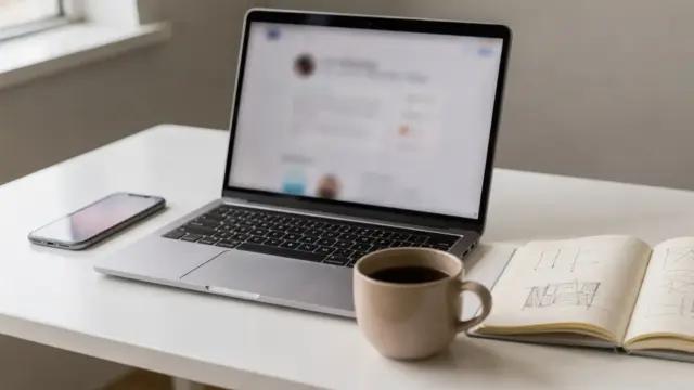 Selbstständige planen Social Media Kundengewinnung am Schreibtisch mit Laptop und Smartphone.
