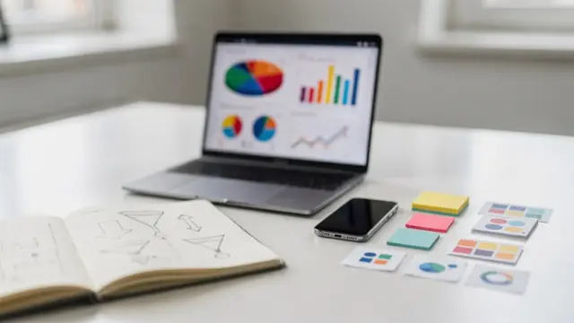 Marketing-Workspace mit Laptop, Funnel-Skizzen und Smartphone zum Thema Content Marketing Leads
