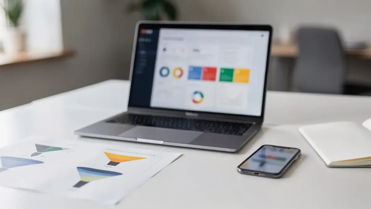 B2B-Anfragen generieren mit Laptop, Smartphone und Funnel-Diagrammen im Marketing-Workspace