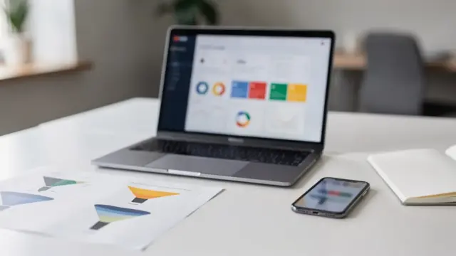 B2B-Anfragen generieren mit Laptop, Smartphone und Funnel-Diagrammen im Marketing-Workspace