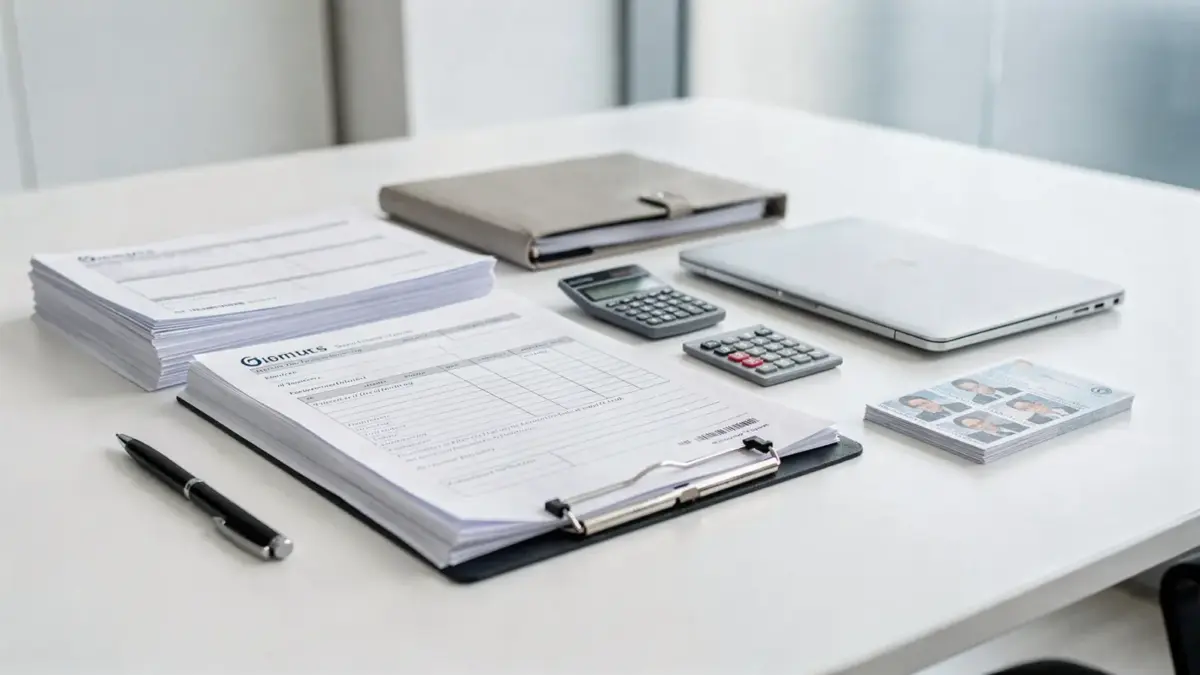 Unterlagen für die Unternehmensgründung auf einem aufgeräumten Schreibtisch mit Formularen, Stift, Ordner und Rechner