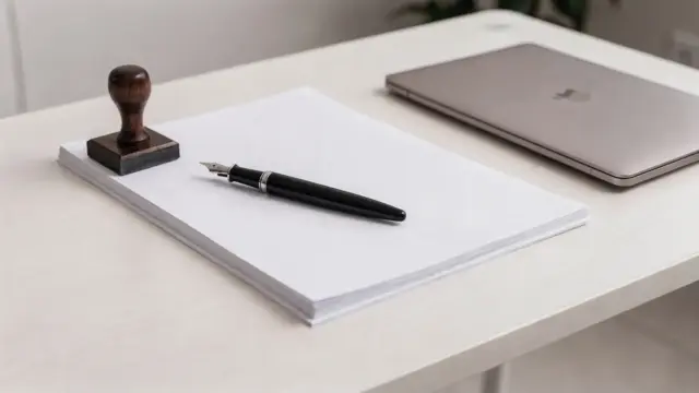 Notar bei der Gründung: Bürodesk mit Formularen, Stift, Stempel und Laptop für die notarielle Beurkundung