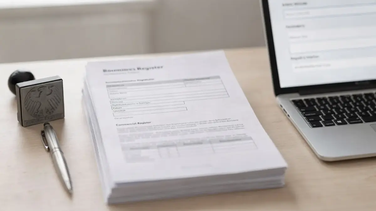 Dokumente und Büroausstattung zum Handelsregistereintrag in einem deutschen Registerbüro