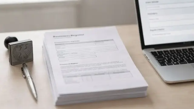 Dokumente und Büroausstattung zum Handelsregistereintrag in einem deutschen Registerbüro
