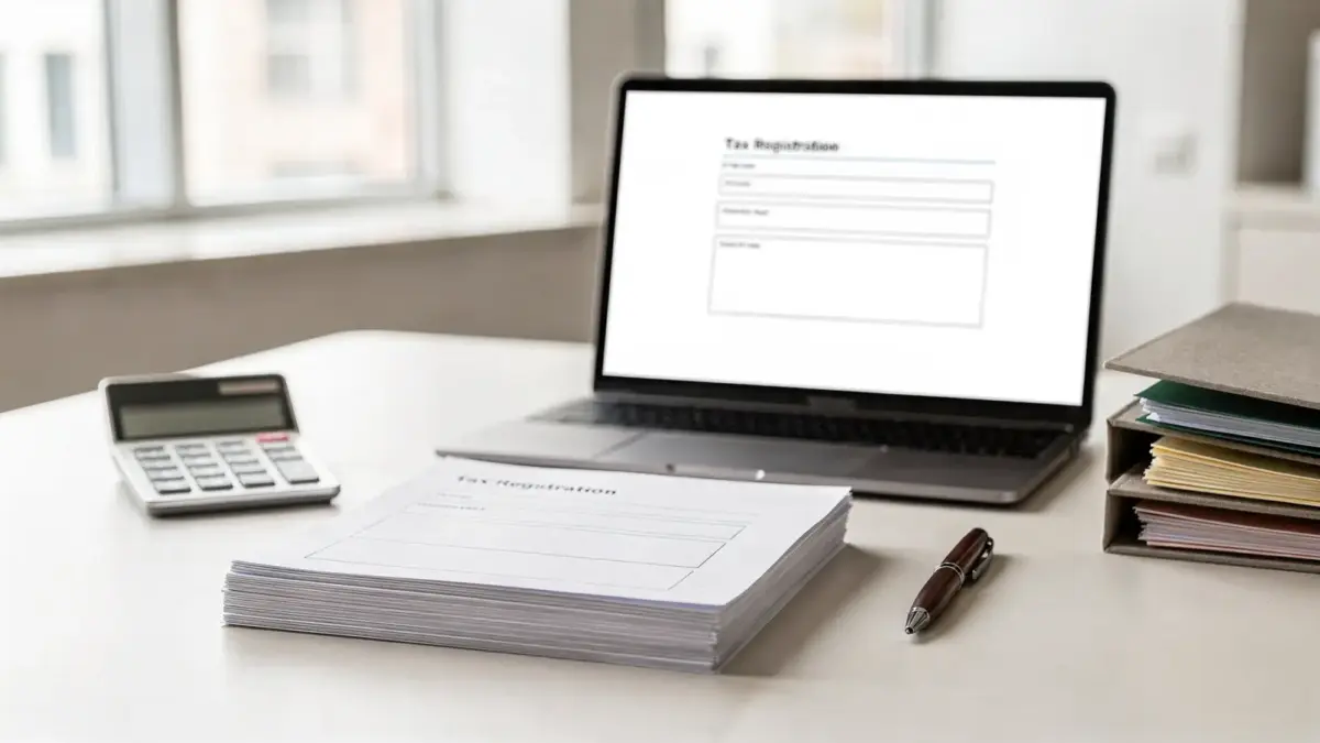 Unterlagen zur steuerlichen Erfassung beim Finanzamt auf einem Schreibtisch mit Rechner und Laptop