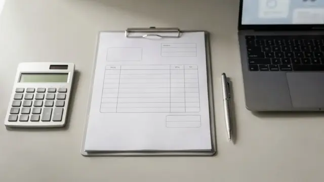 Korrekte Rechnung auf Schreibtisch mit Rechner und Stift zum Thema Rechnung richtig schreiben