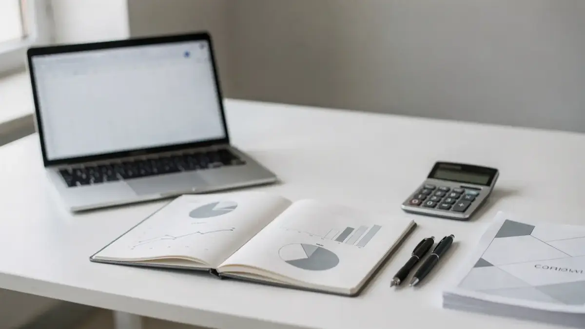Arbeitsplatz mit Laptop, Notizen und Unterlagen zum Thema Businessplan erstellen
