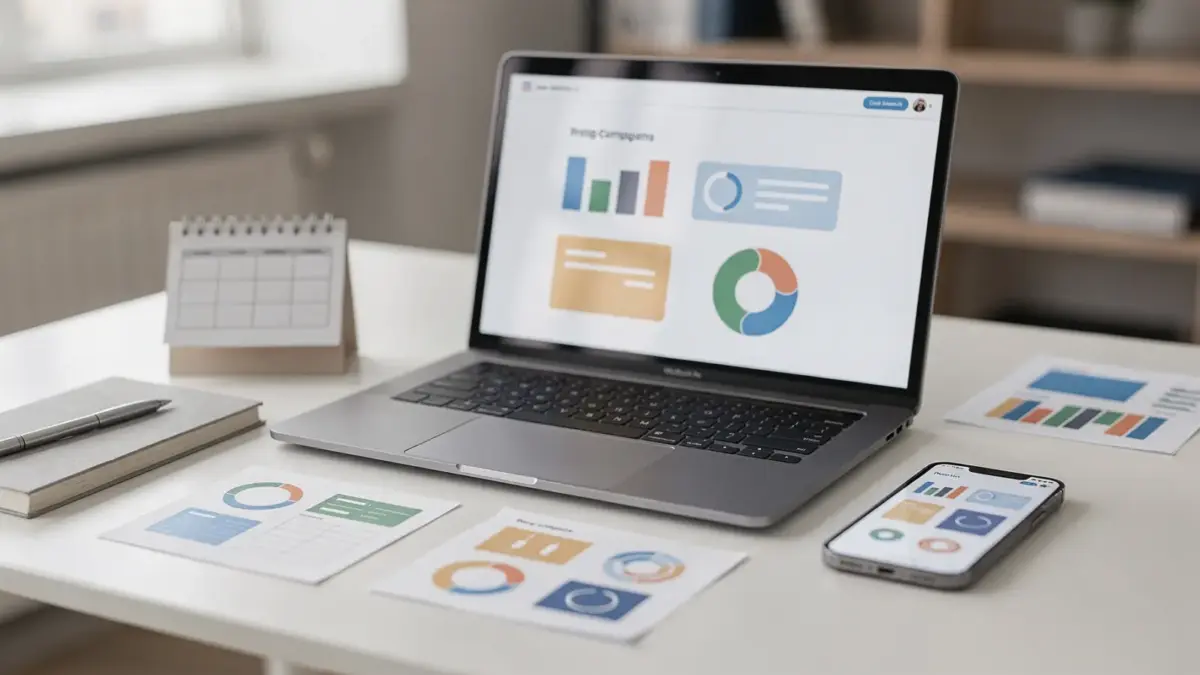 Arbeitsplatz mit Laptop und Analysematerial zum Thema E-Mail-Marketing skalieren