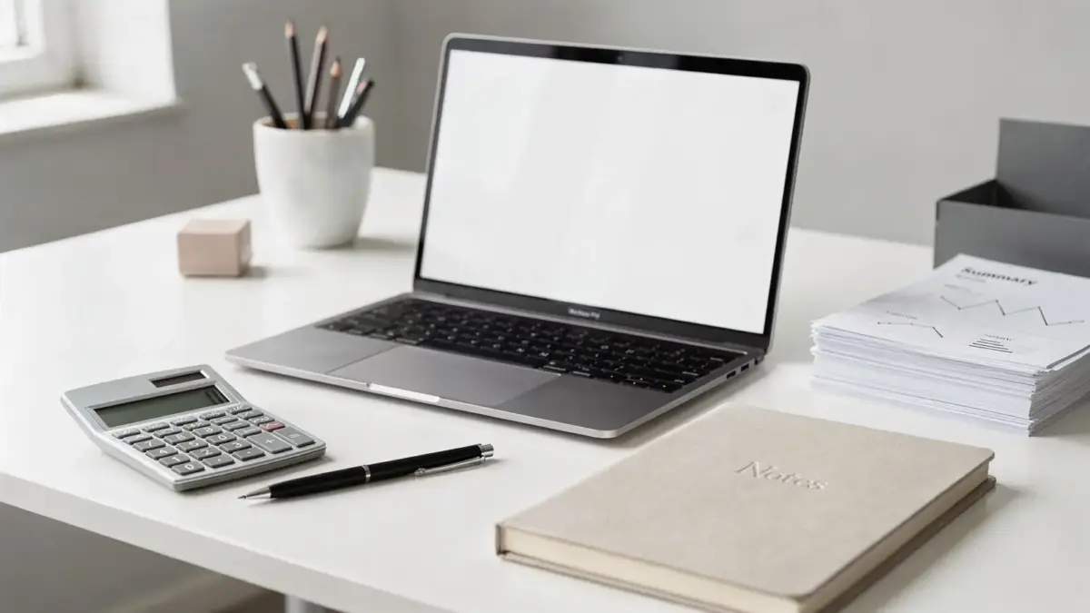 Schreibtisch mit Laptop, Unterlagen und Notizbuch zum Thema verkaufsstarkes Angebot