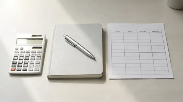 Preisfindung bei Dienstleistungen: Taschenrechner, Notizblock und Kalkulationsblatt auf einem Schreibtisch