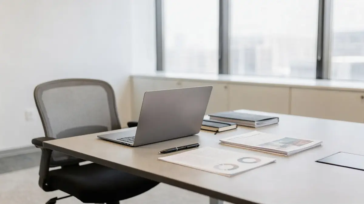Gründerin im Verkaufsgespräch mit Laptop und Notizen in moderner Büro-Umgebung zum Thema Verkaufsgespräch führen
