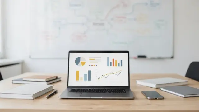 Büro-Setup mit Laptop, Diagrammen und Notizen zum Thema Abschlussquote steigern im Vertrieb