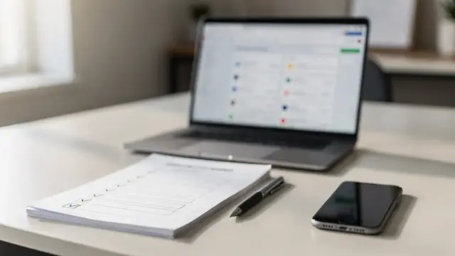 Ordentlicher Schreibtisch mit CRM, Notizblock und Smartphone zum Follow-up im Vertrieb