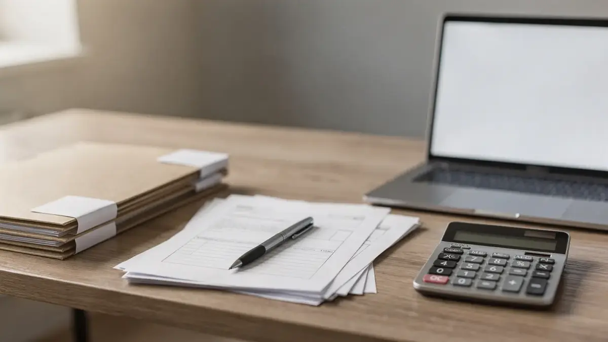 Bürotisch mit Taschenrechner, Steuerunterlagen und Laptop zum Thema Einkommensteuer für Unternehmer