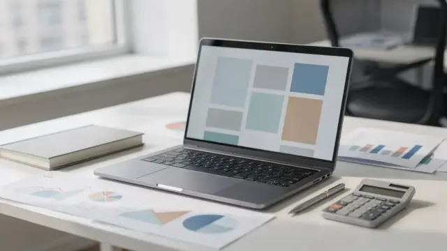 Businessplan erstellen: Laptop, Notizen, Diagramme und Taschenrechner auf einem Schreibtisch